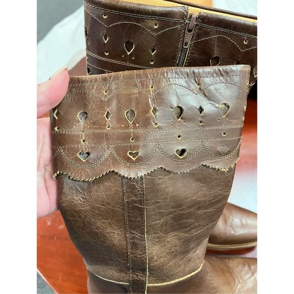Charlie 1 Horse by Luccese Brown Leather Heart Cut Out 11” Calf Sidev Zip Boots - Picture 7 of 11